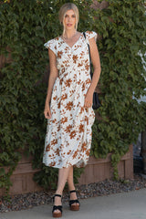 Brown Floral Button Detail Midi Dress