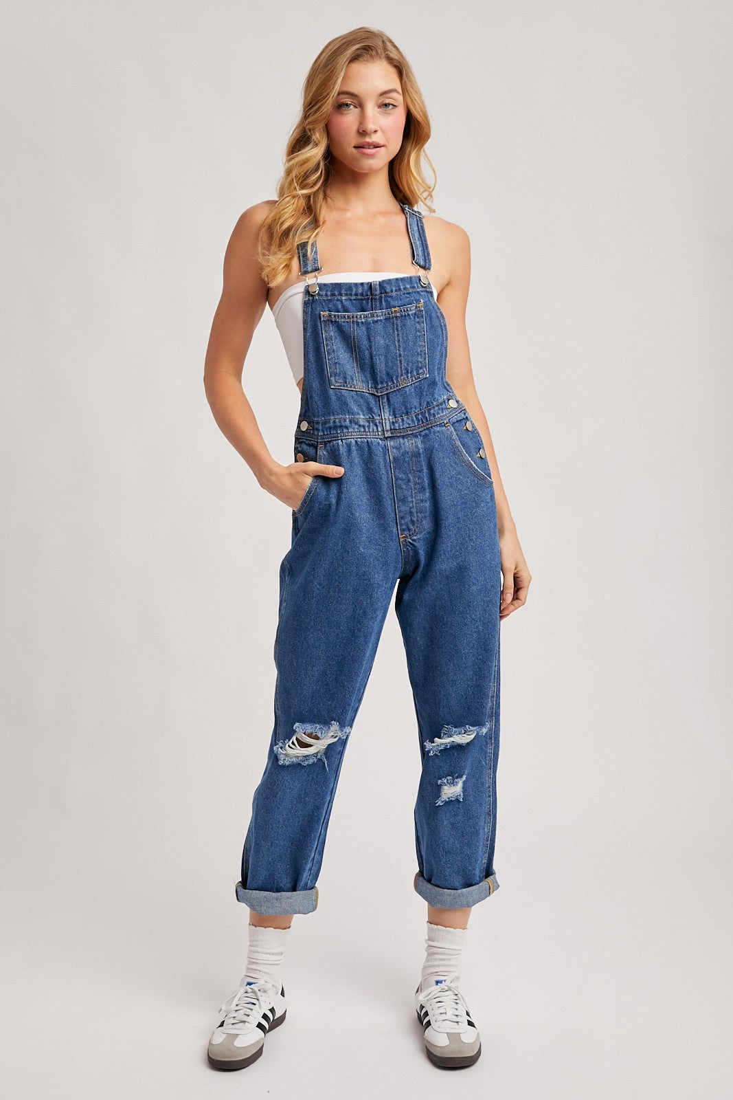 Navy Distressed Denim Maternity Overalls