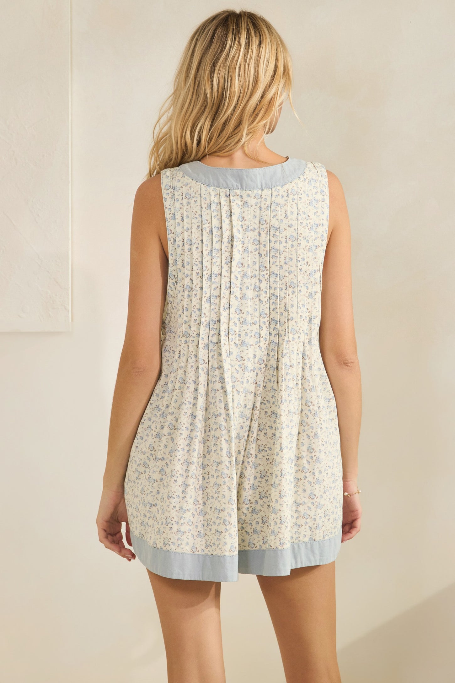 Light Blue Floral Pleated Detail Romper