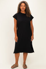 Black Plus Round Neck Short Sleeve Midi Dress