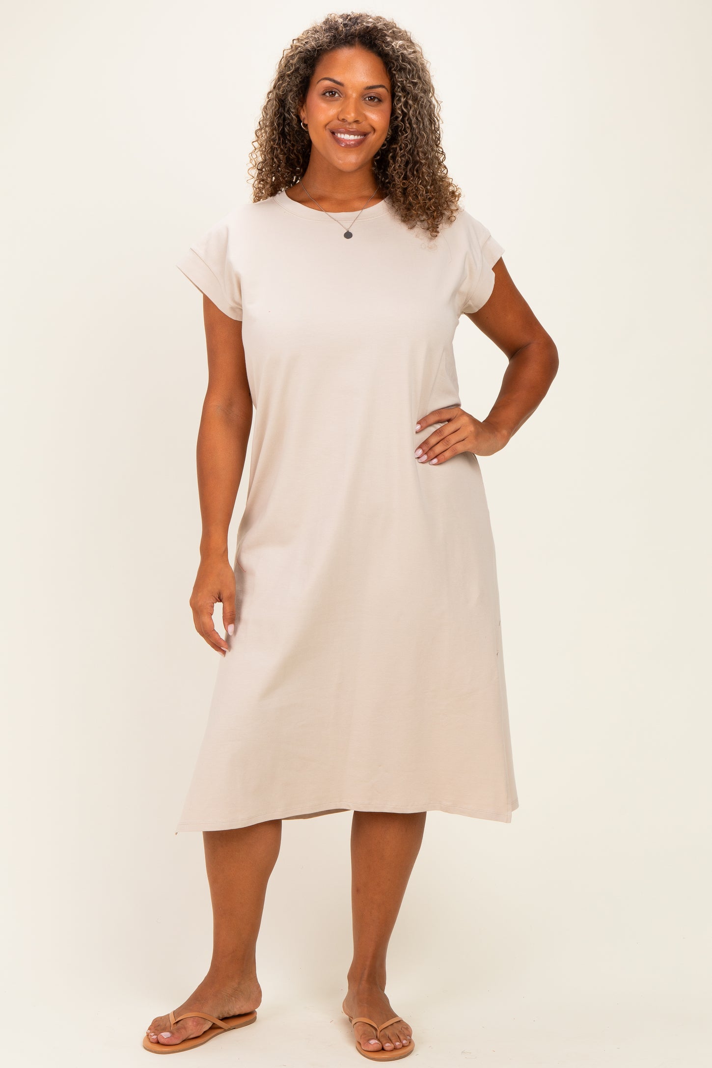 Beige Plus Round Neck Short Sleeve Midi Dress