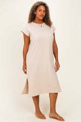 Beige Plus Round Neck Short Sleeve Midi Dress