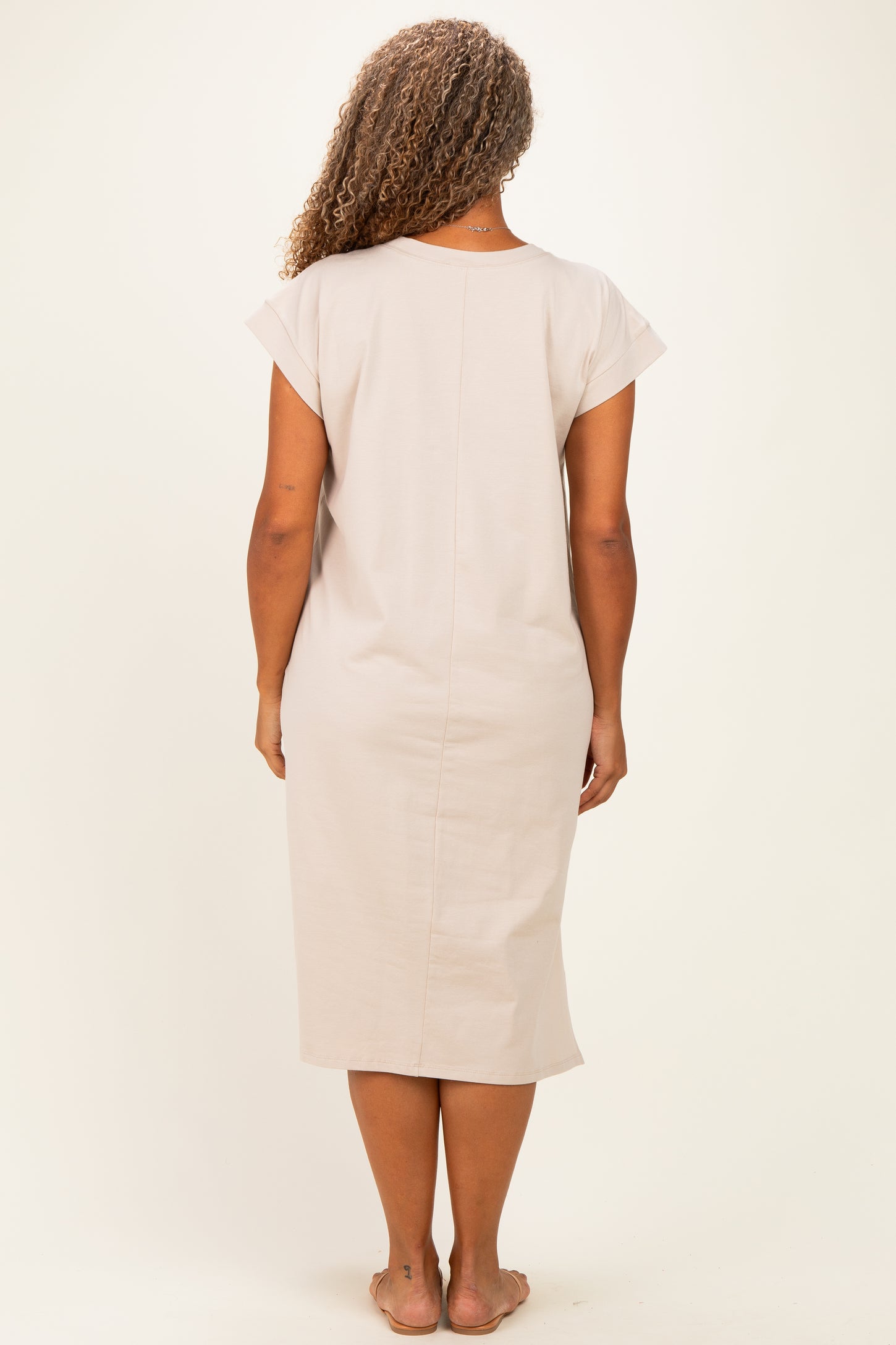 Beige Plus Round Neck Short Sleeve Midi Dress