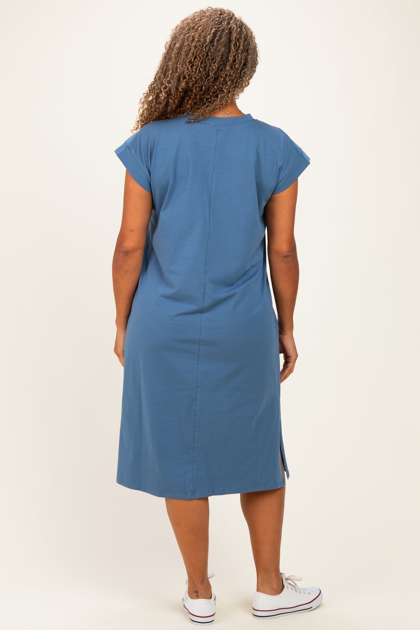 Blue Plus Round Neck Short Sleeve Midi Dress