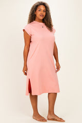 Pink Plus Round Neck Short Sleeve Midi Dress