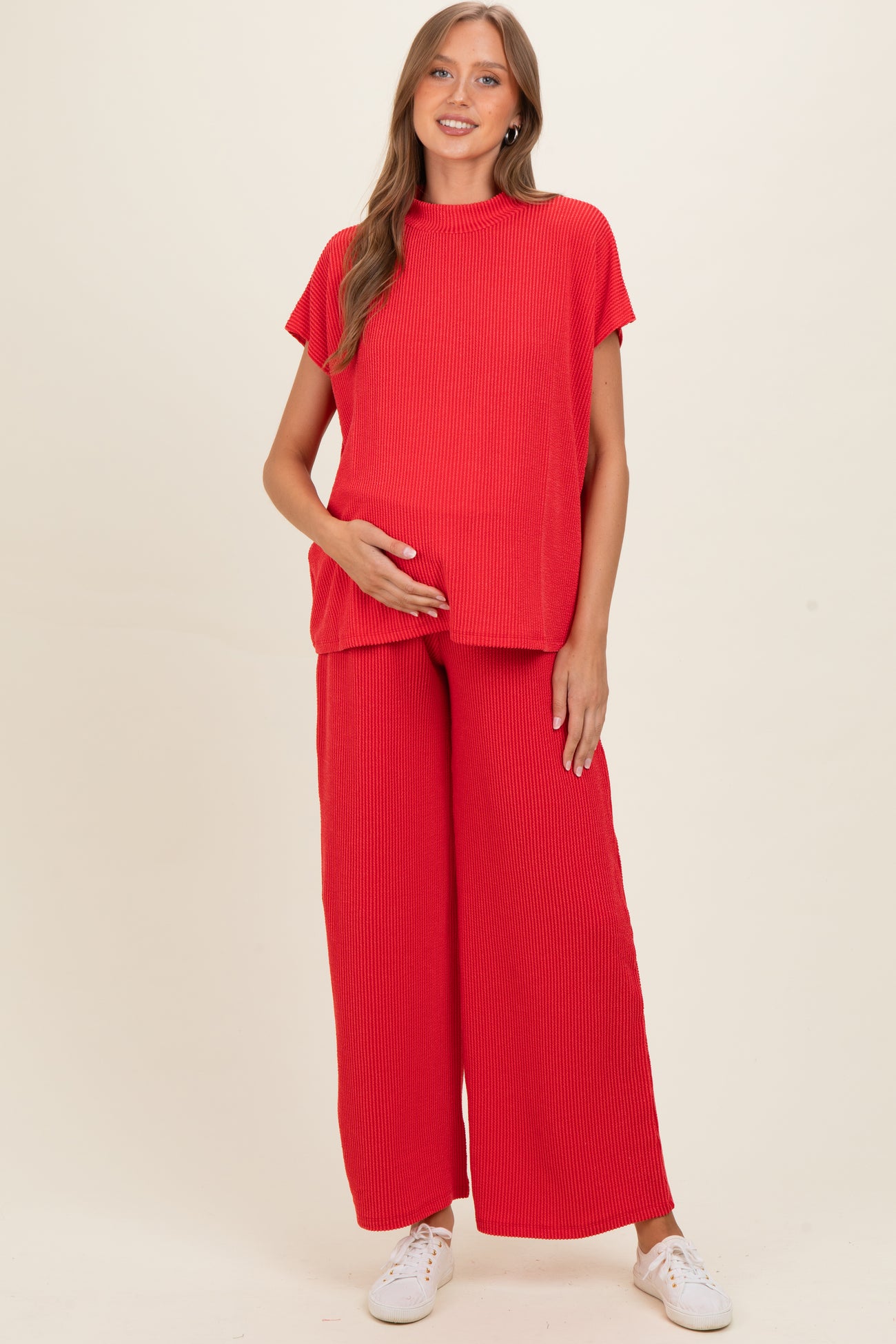 Red Textured Rib Mock Neck Short Sleeve Pant Maternity Set