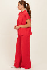 Red Textured Rib Mock Neck Short Sleeve Pant Set