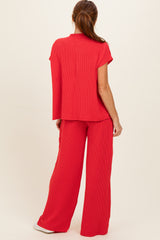 Red Textured Rib Mock Neck Short Sleeve Pant Set