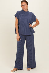 Navy Textured Rib Mock Neck Short Sleeve Pant Set