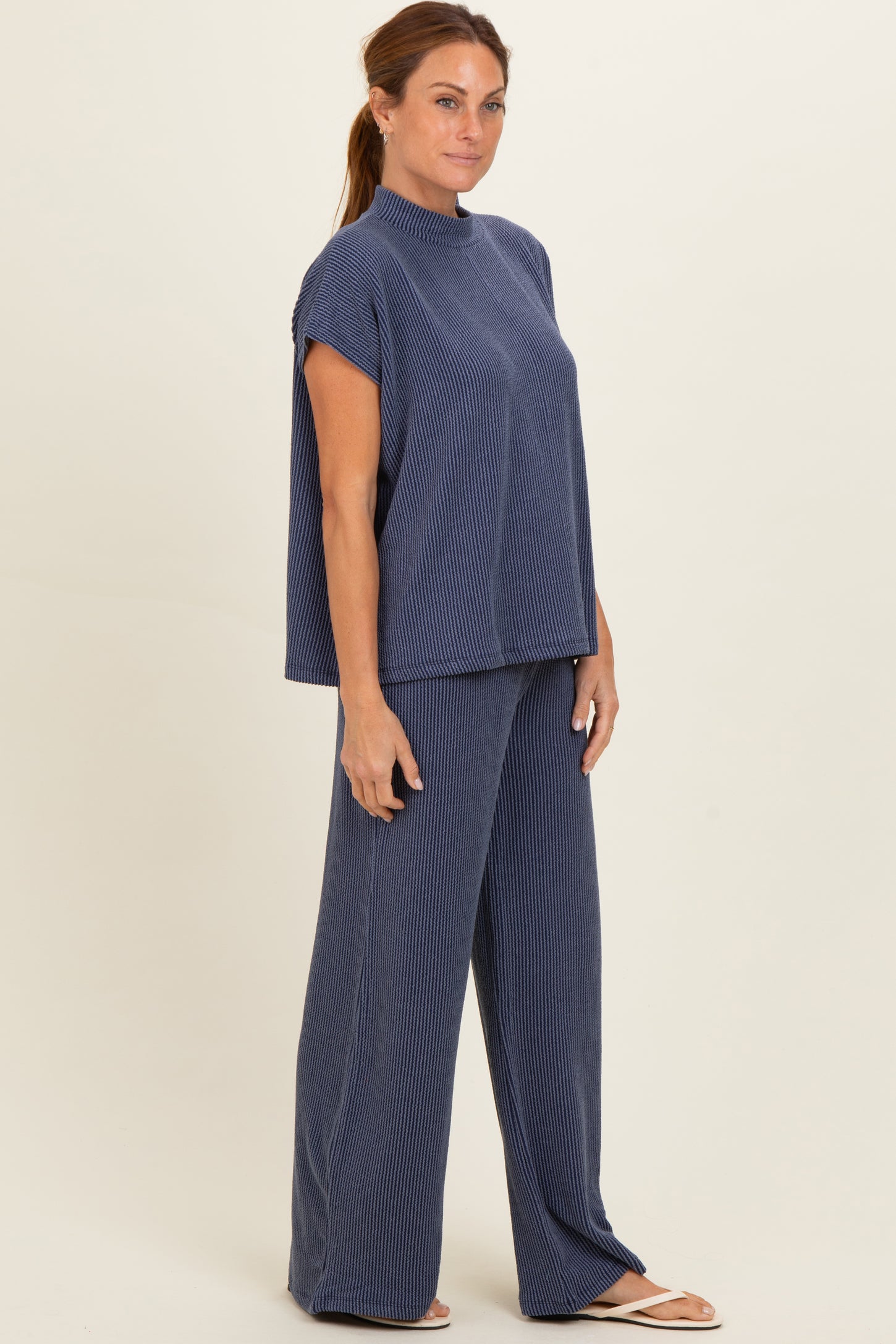 Navy Textured Rib Mock Neck Short Sleeve Pant Set