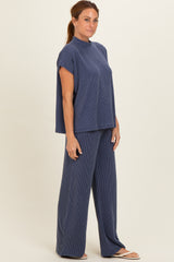 Navy Textured Rib Mock Neck Short Sleeve Pant Set