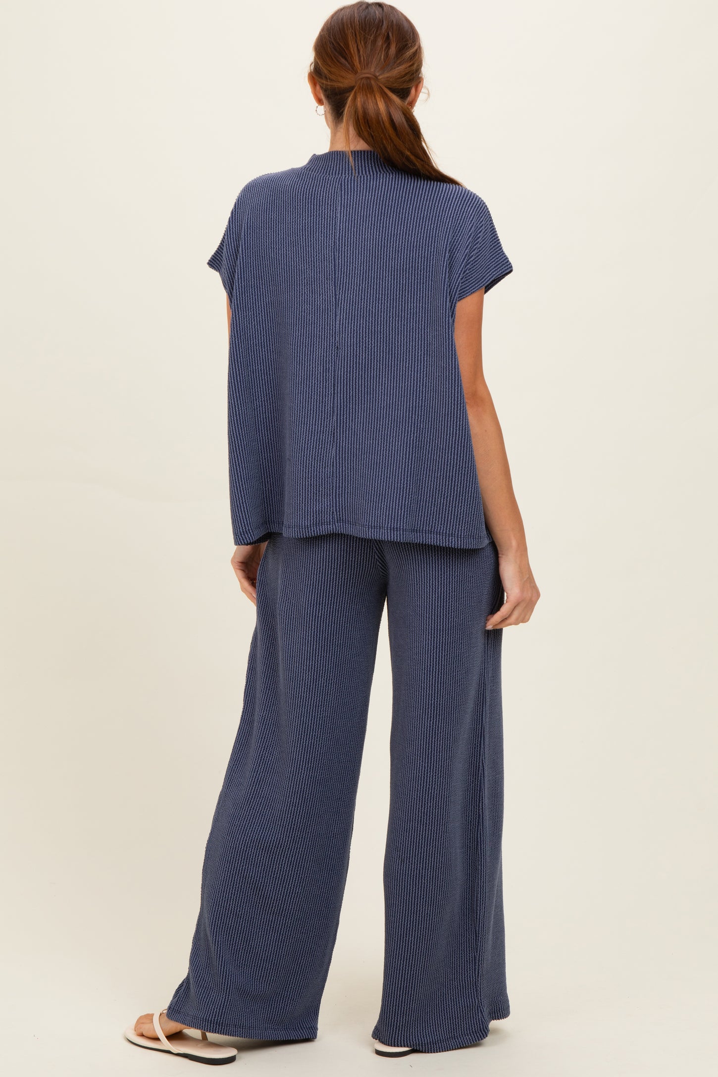 Navy Textured Rib Mock Neck Short Sleeve Pant Set