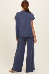 Navy Textured Rib Mock Neck Short Sleeve Pant Set