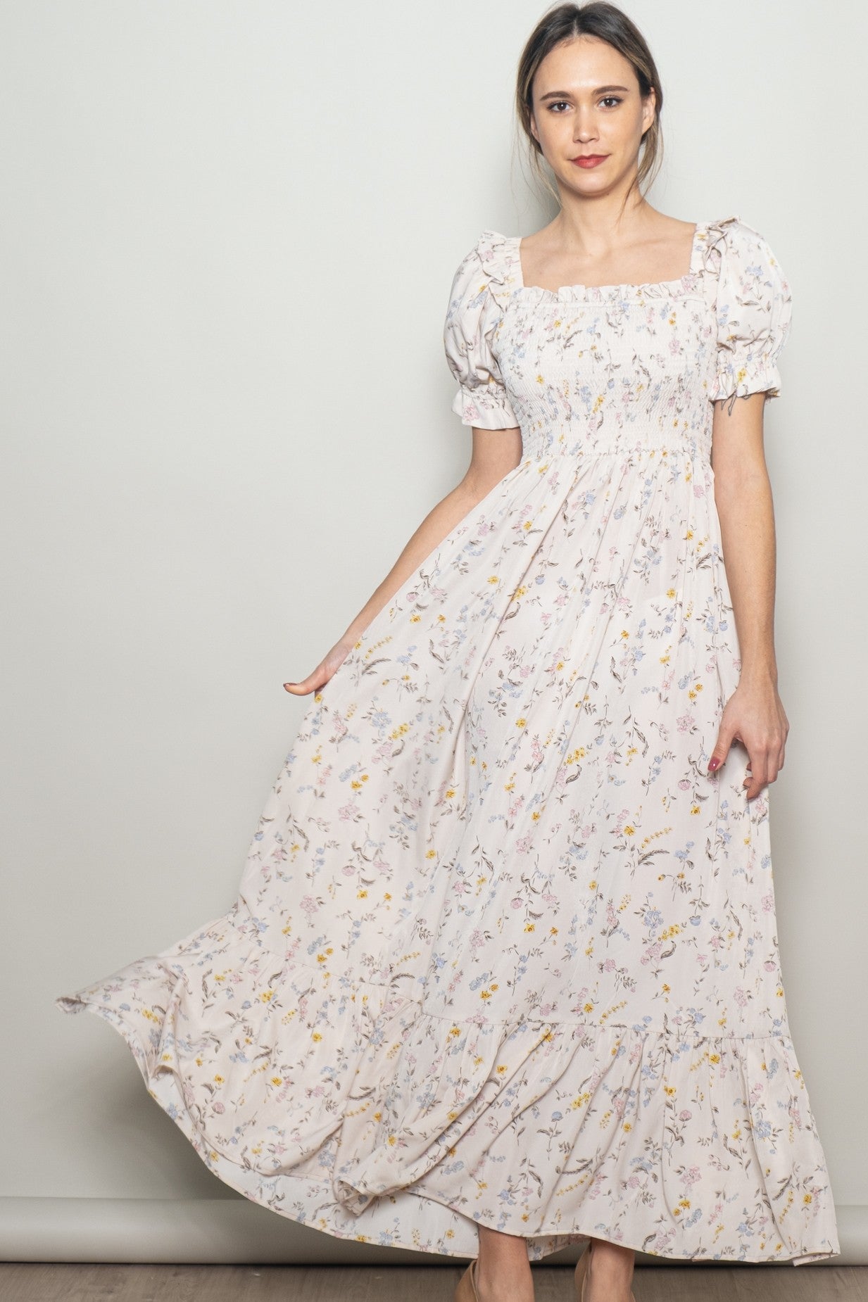 Cream Floral Ruffle Accent Smocked Maternity Maxi Dress