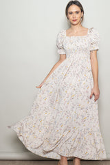 Cream Floral Ruffle Accent Smocked Maternity Maxi Dress
