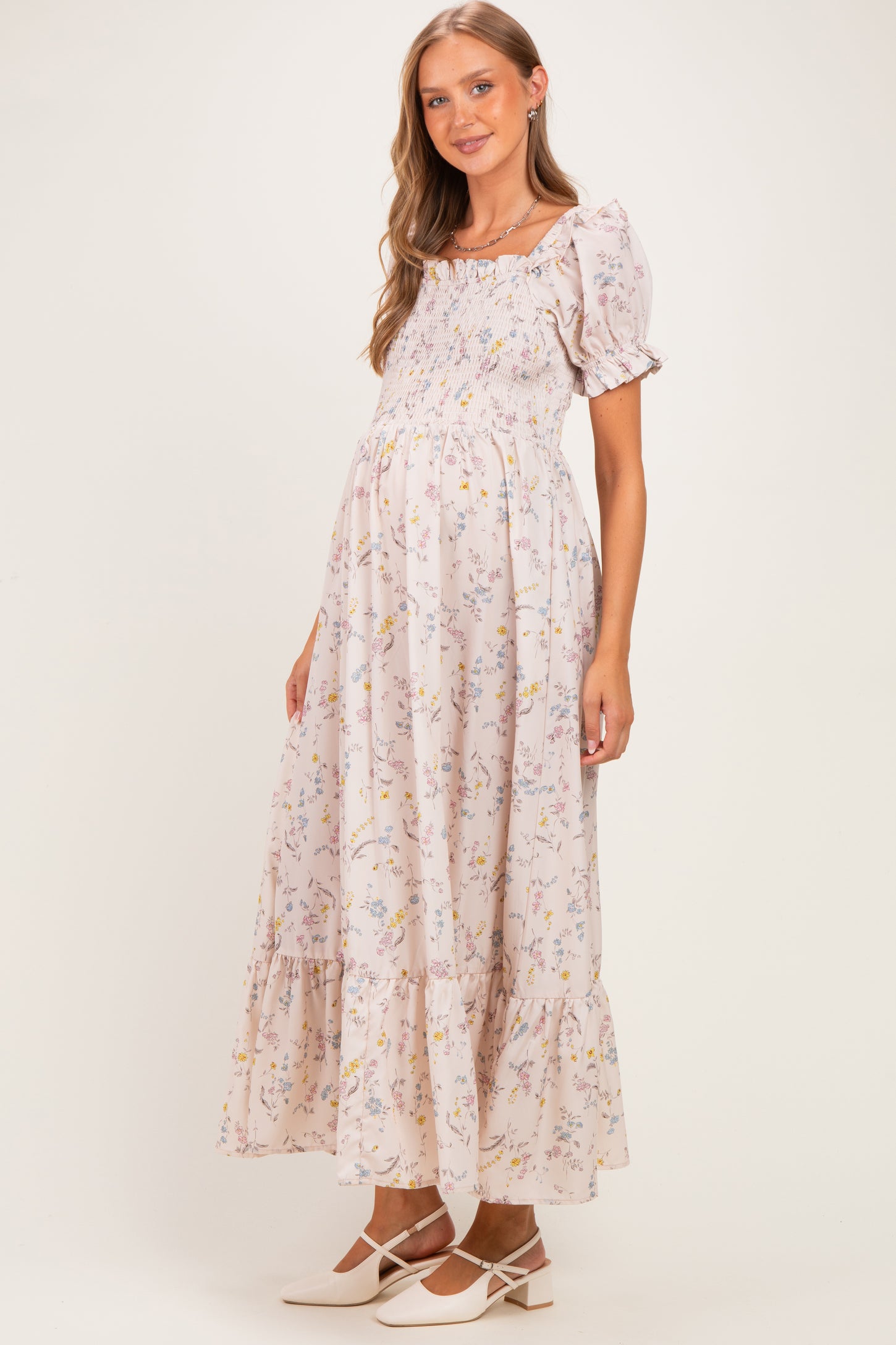 Cream Floral Ruffle Accent Smocked Maternity Maxi Dress