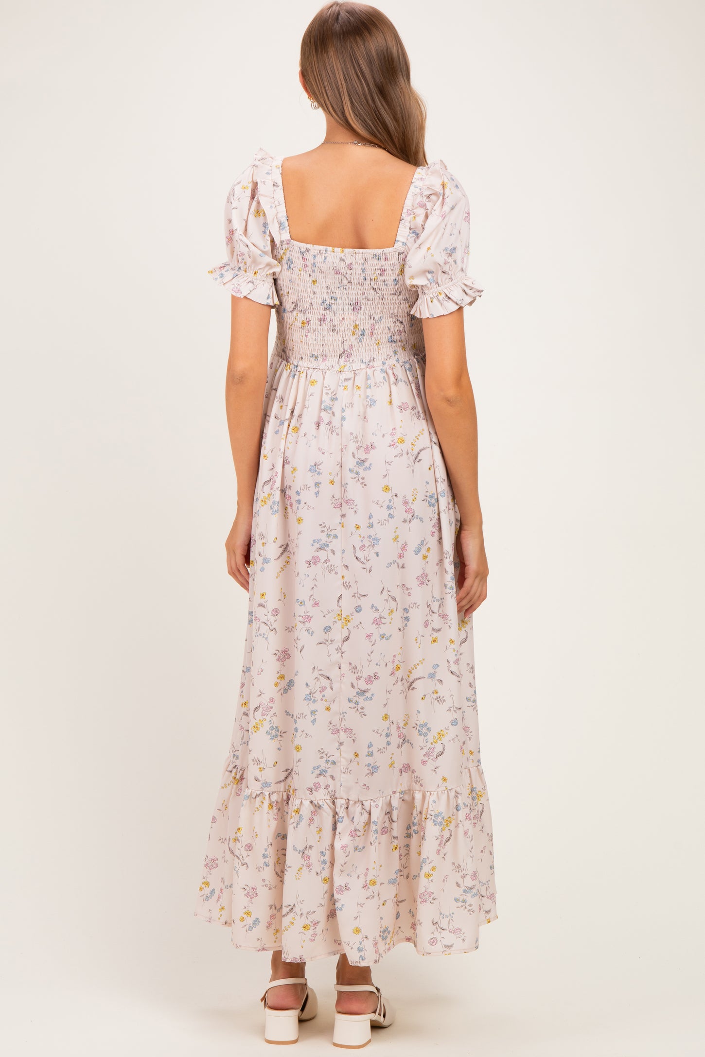 Cream Floral Ruffle Accent Smocked Maternity Maxi Dress