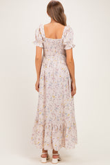 Cream Floral Ruffle Accent Smocked Maternity Maxi Dress