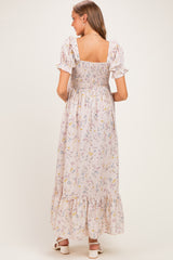 Cream Floral Ruffle Accent Smocked Maternity Maxi Dress