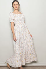 Cream Floral Ruffle Accent Smocked Maxi Dress