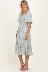 Light Blue Floral Smocked Midi Dress