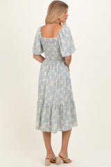 Light Blue Floral Smocked Midi Dress