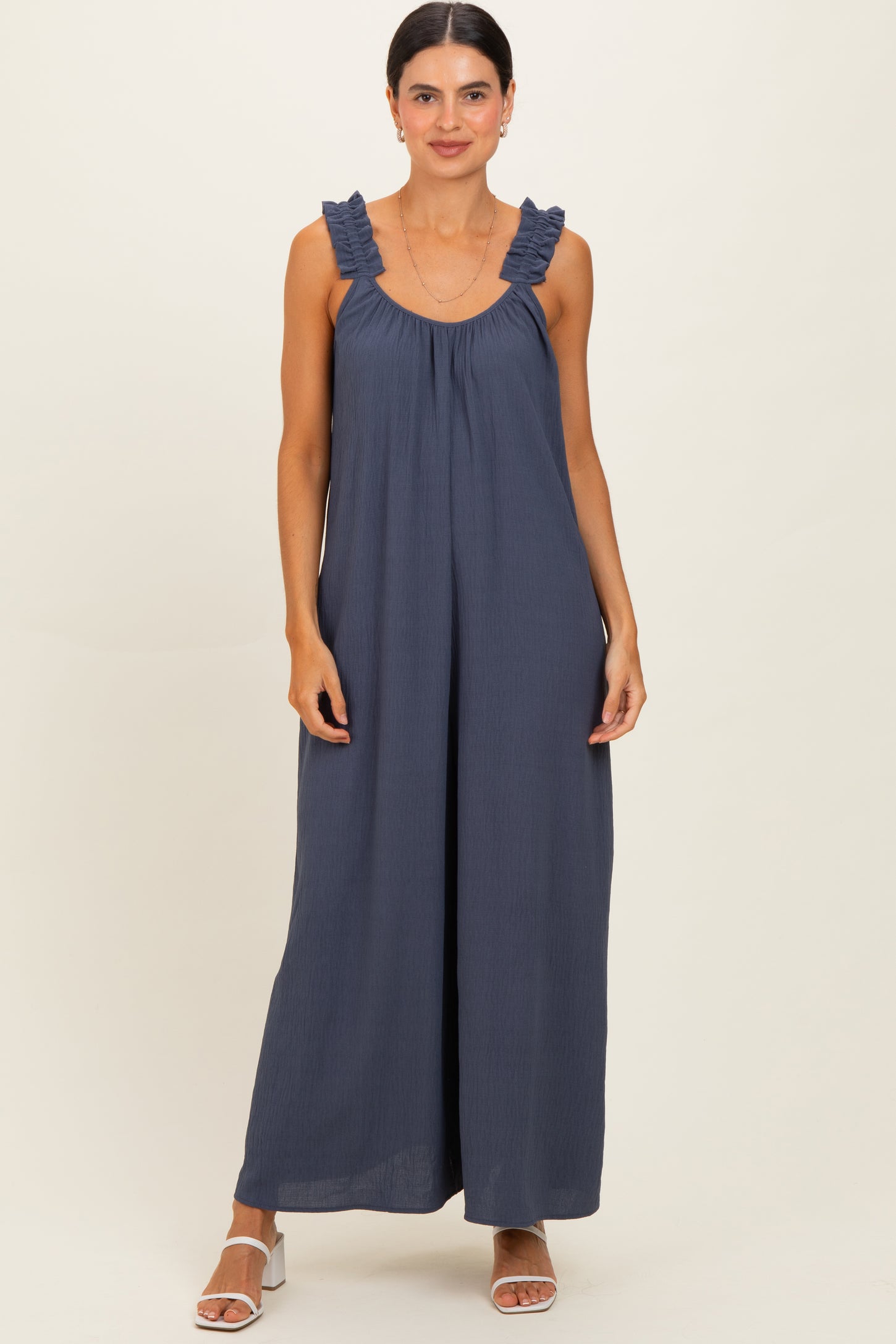 Navy Ruffle Strap Wide Leg Jumpsuit