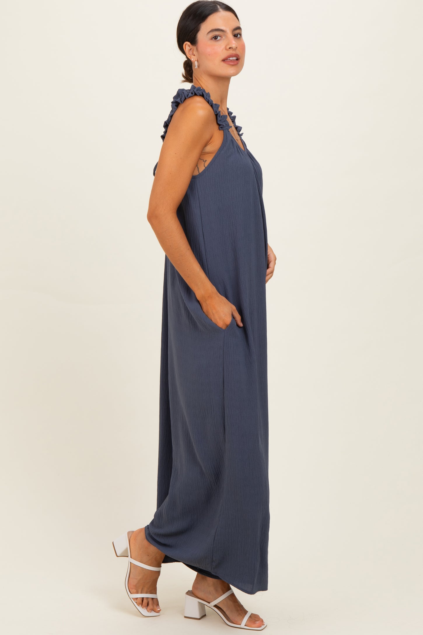 Navy Ruffle Strap Wide Leg Jumpsuit