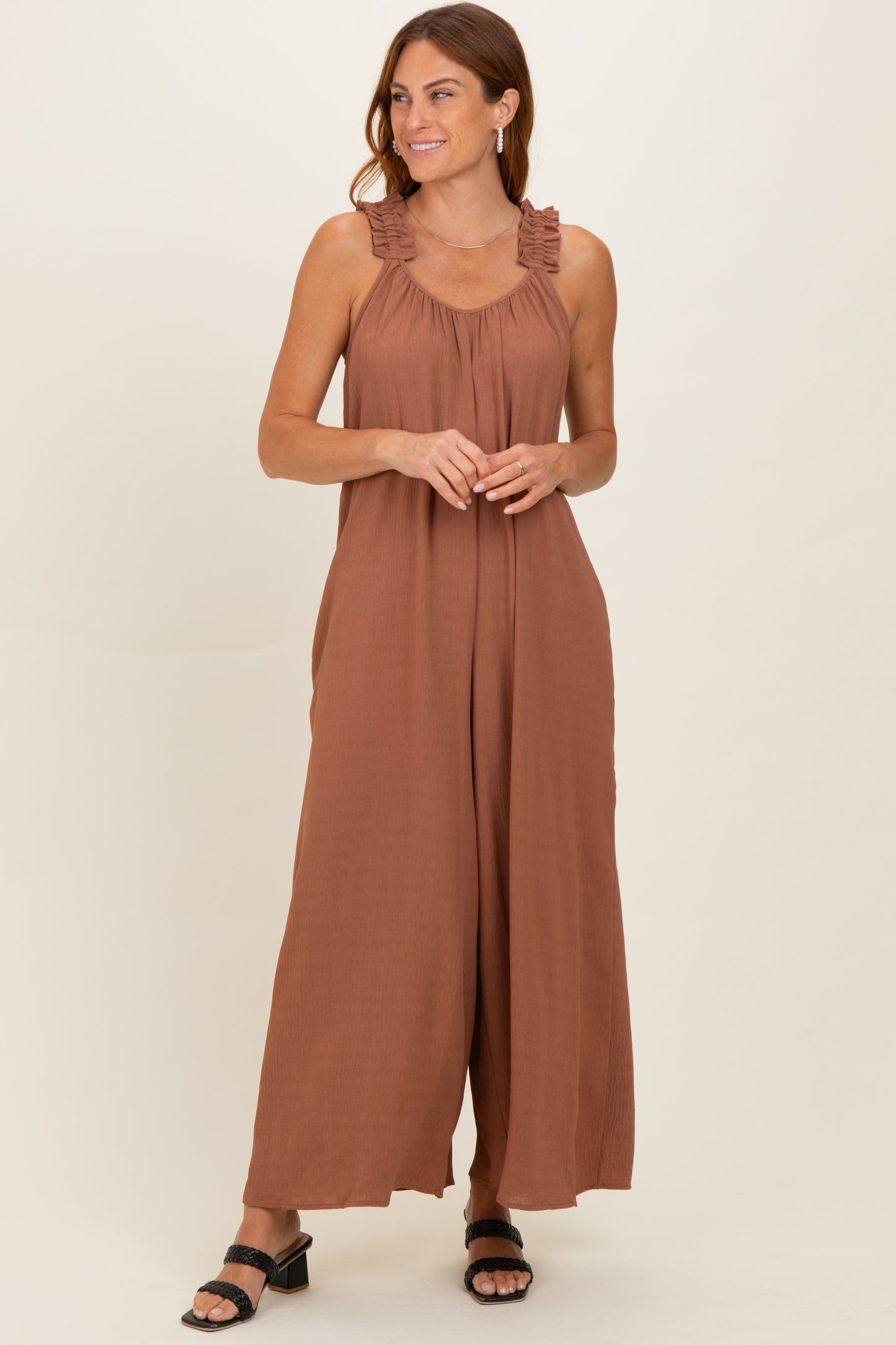 Cappucino Ruffle Strap Wide Leg Jumpsuit