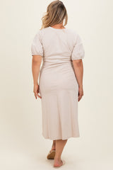 Beige Puff Sleeve Maternity Plus Midi Dress