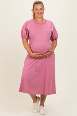 Pink Puff Sleeve Maternity Plus Midi Dress