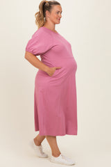 Pink Puff Sleeve Maternity Plus Midi Dress