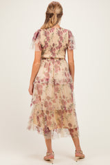 Yellow Floral Print Smocked Tiered Maternity Midi Dress