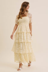 Butter Cream Lace Tiered Smocked Midi Dress