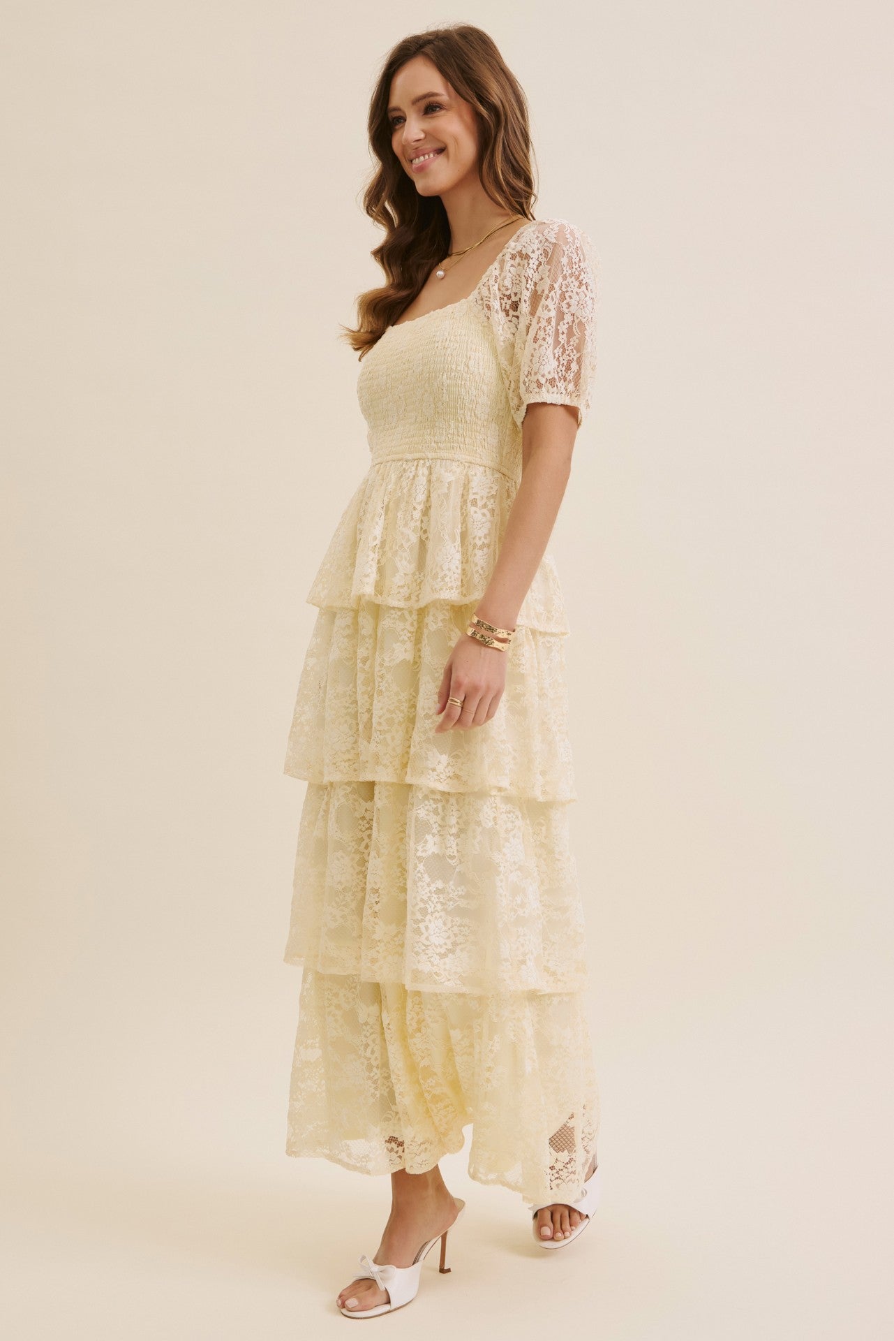 Butter Cream Lace Tiered Smocked Midi Dress