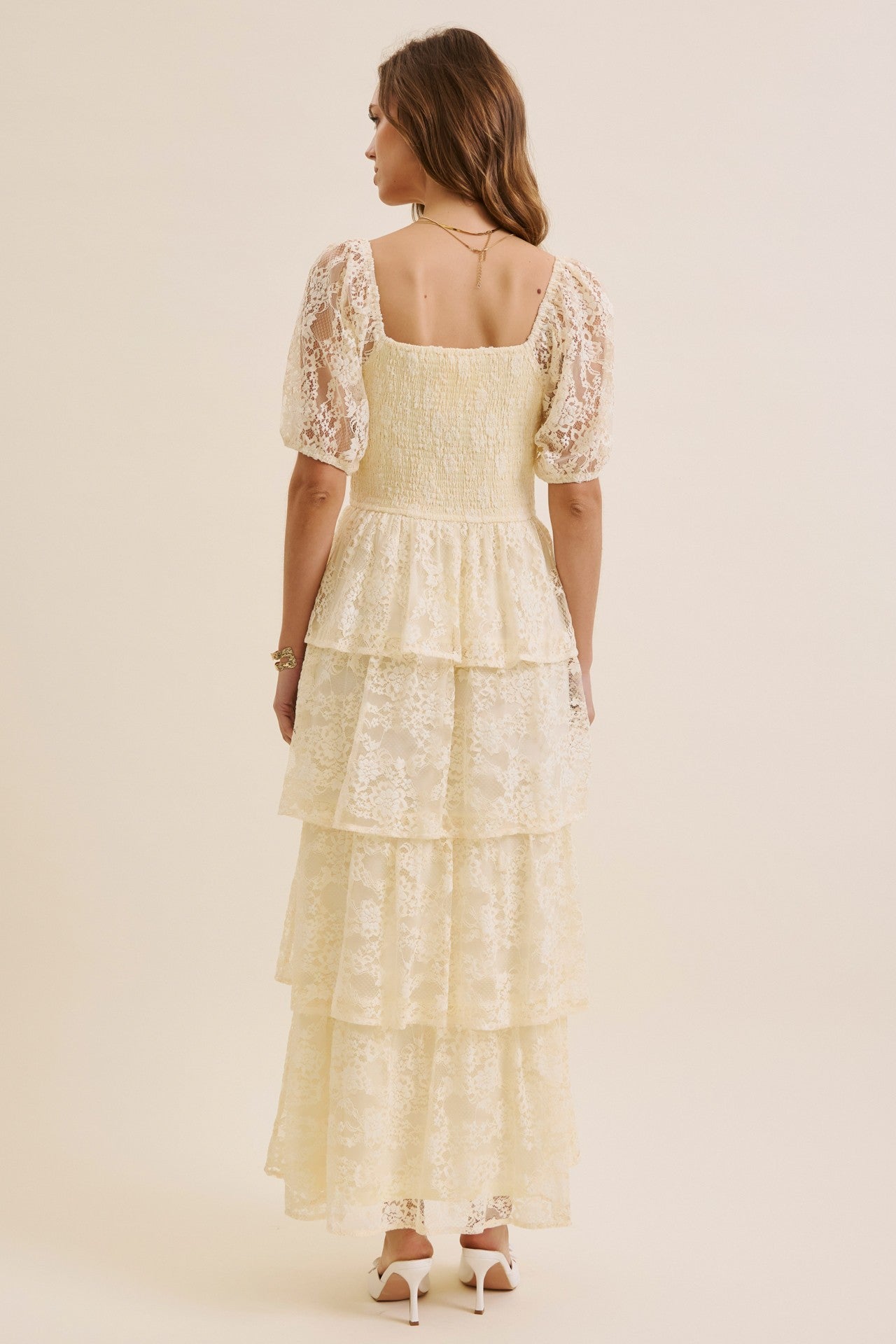 Butter Cream Lace Tiered Smocked Midi Dress