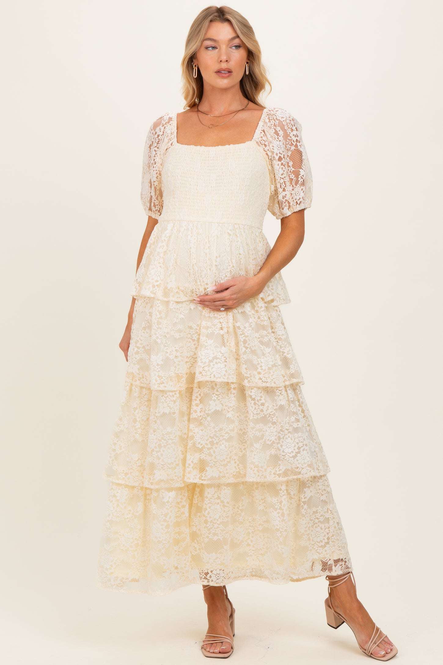 Butter Cream Lace Tiered Smocked Maternity Midi Dress