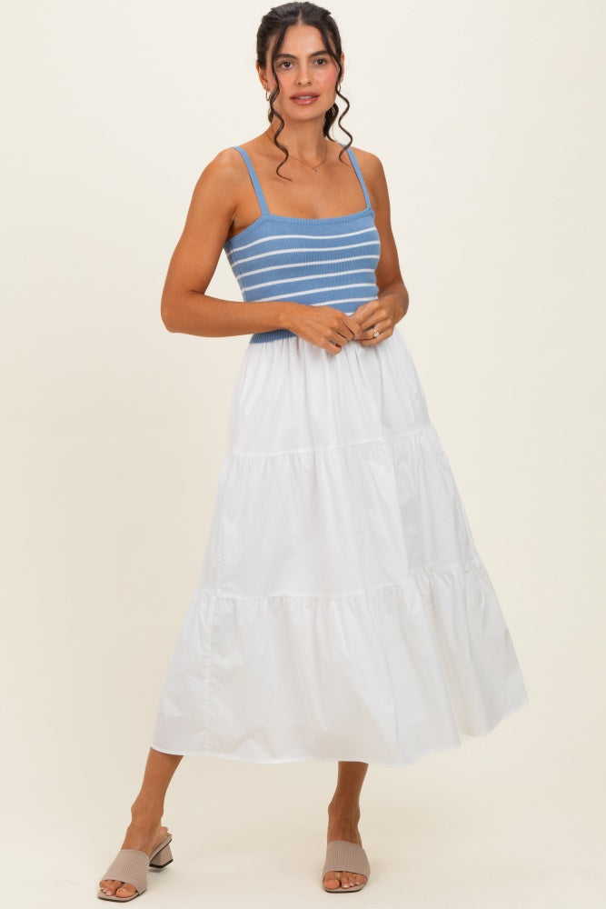 Blue Striped Knit Top Tiered Maternity Midi Dress