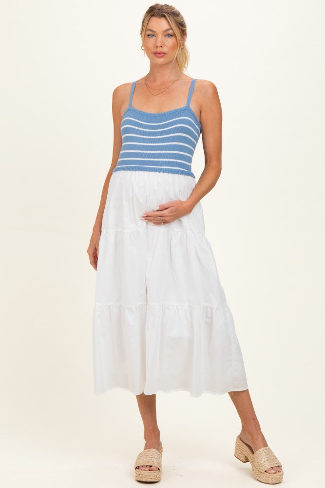 Blue Striped Knit Top Tiered Maternity Midi Dress