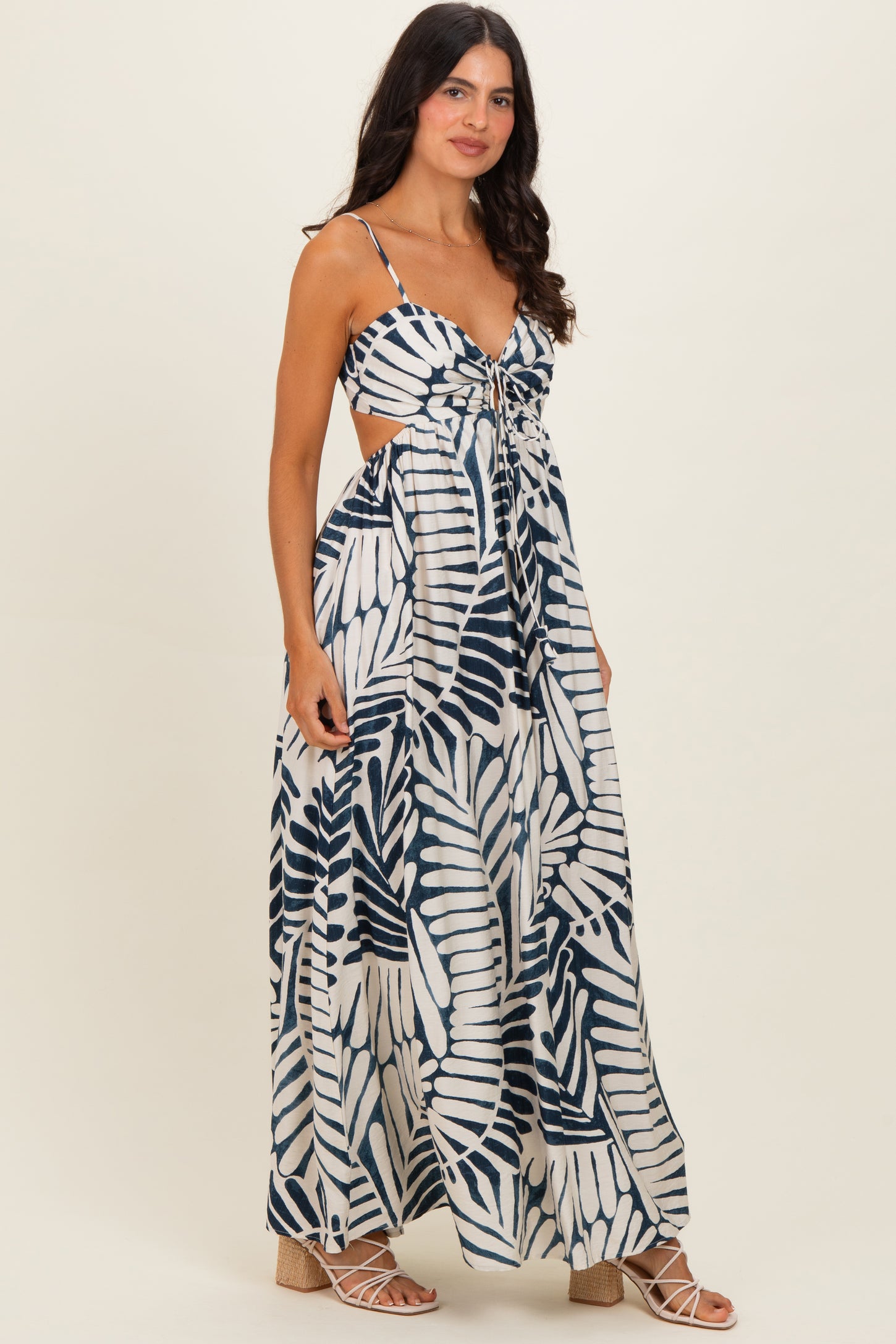 Navy Printed Cutout Tie Back Maxi Dress