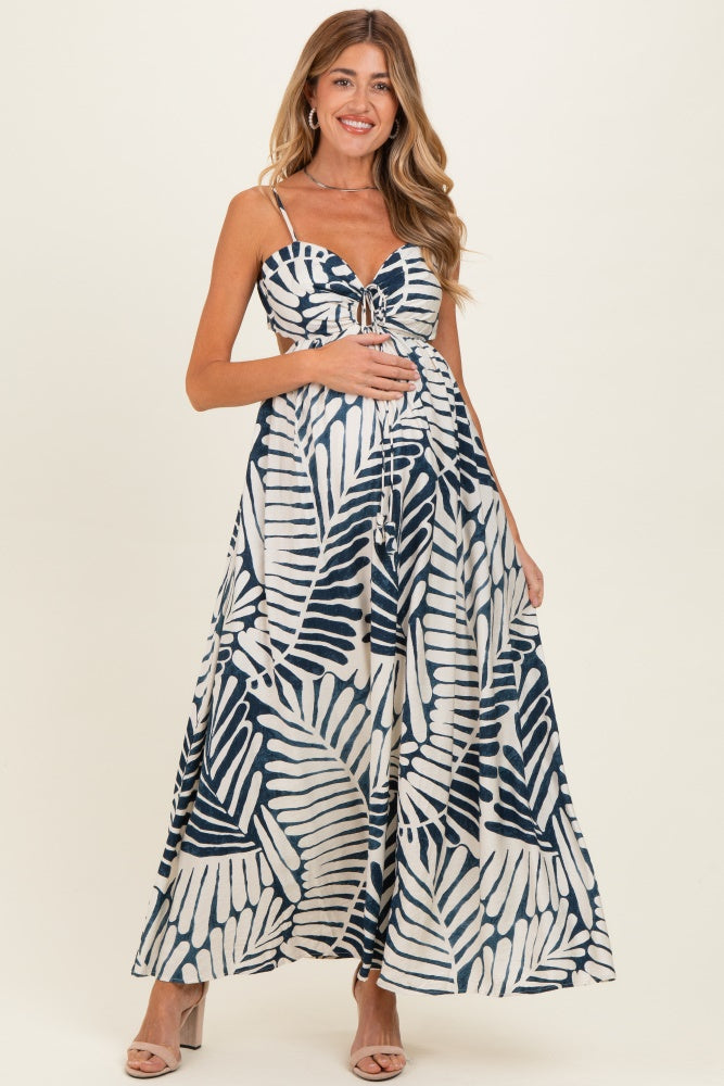 Navy Printed Cutout Tie Back Maternity Maxi Dress