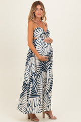 Navy Printed Cutout Tie Back Maternity Maxi Dress