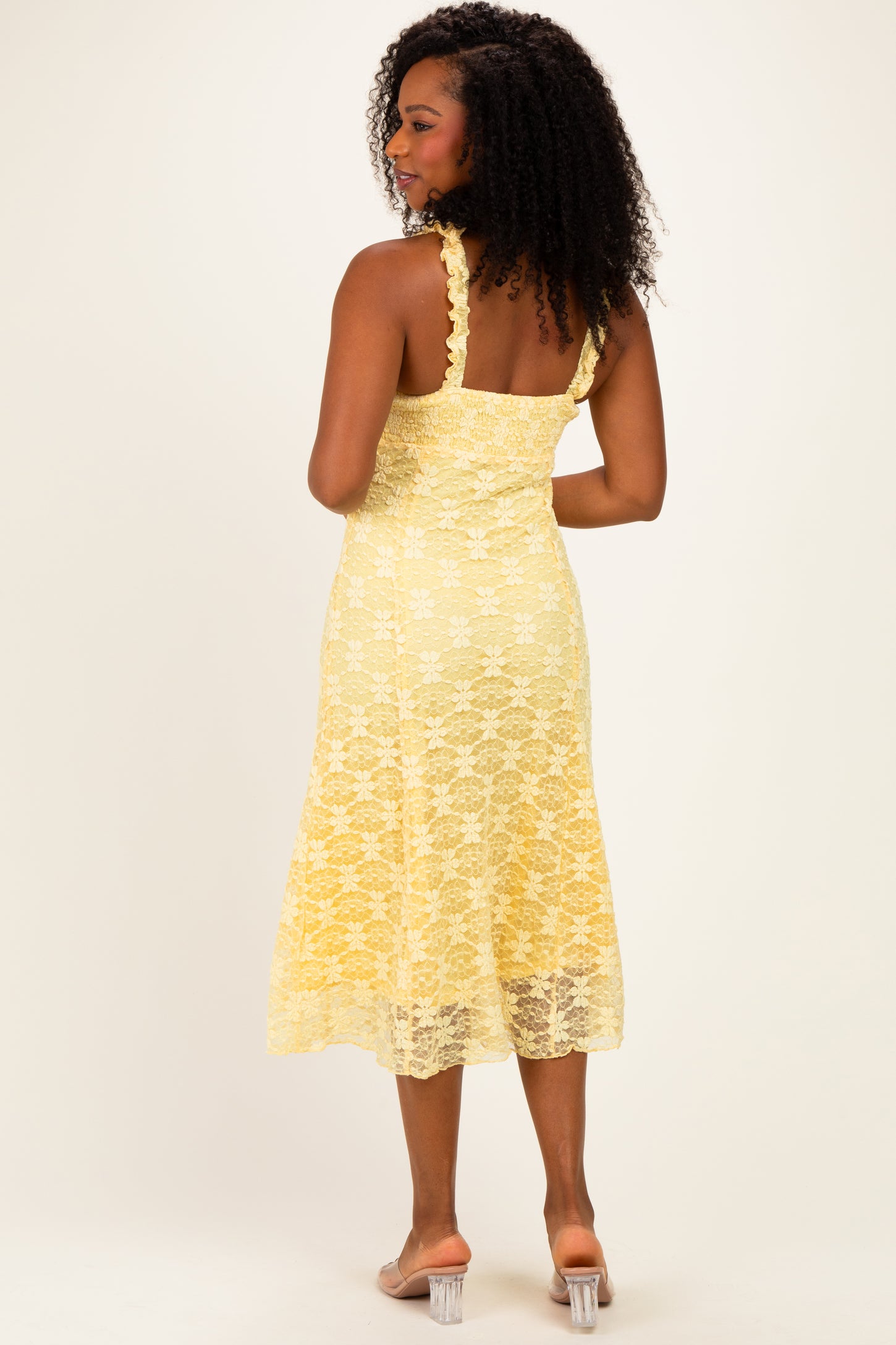 Yellow Floral Lace Ruffle Midi Dress