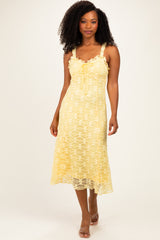 Yellow Floral Lace Ruffle Maternity Midi Dress