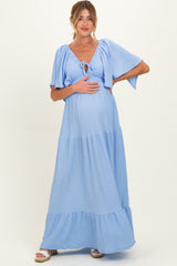 Light Blue Woven Textured Flutter Sleeve V-Neck Tiered Maternity Maxi Dress