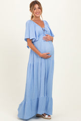 Light Blue Woven Textured Flutter Sleeve V-Neck Tiered Maternity Maxi Dress