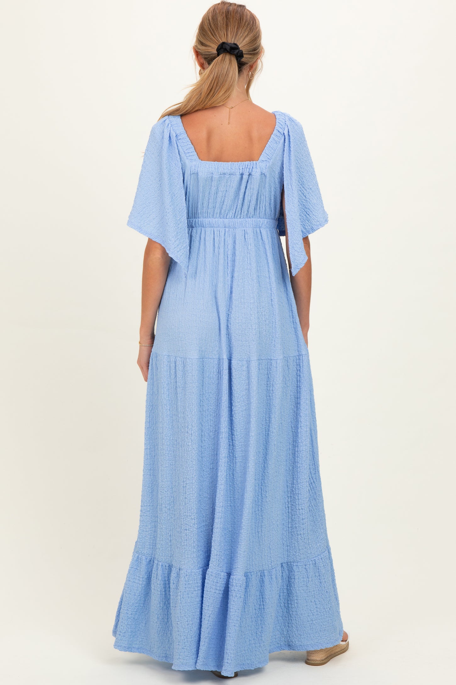 Light Blue Woven Textured Flutter Sleeve V-Neck Tiered Maternity Maxi Dress