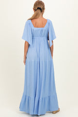 Light Blue Woven Textured Flutter Sleeve V-Neck Tiered Maternity Maxi Dress