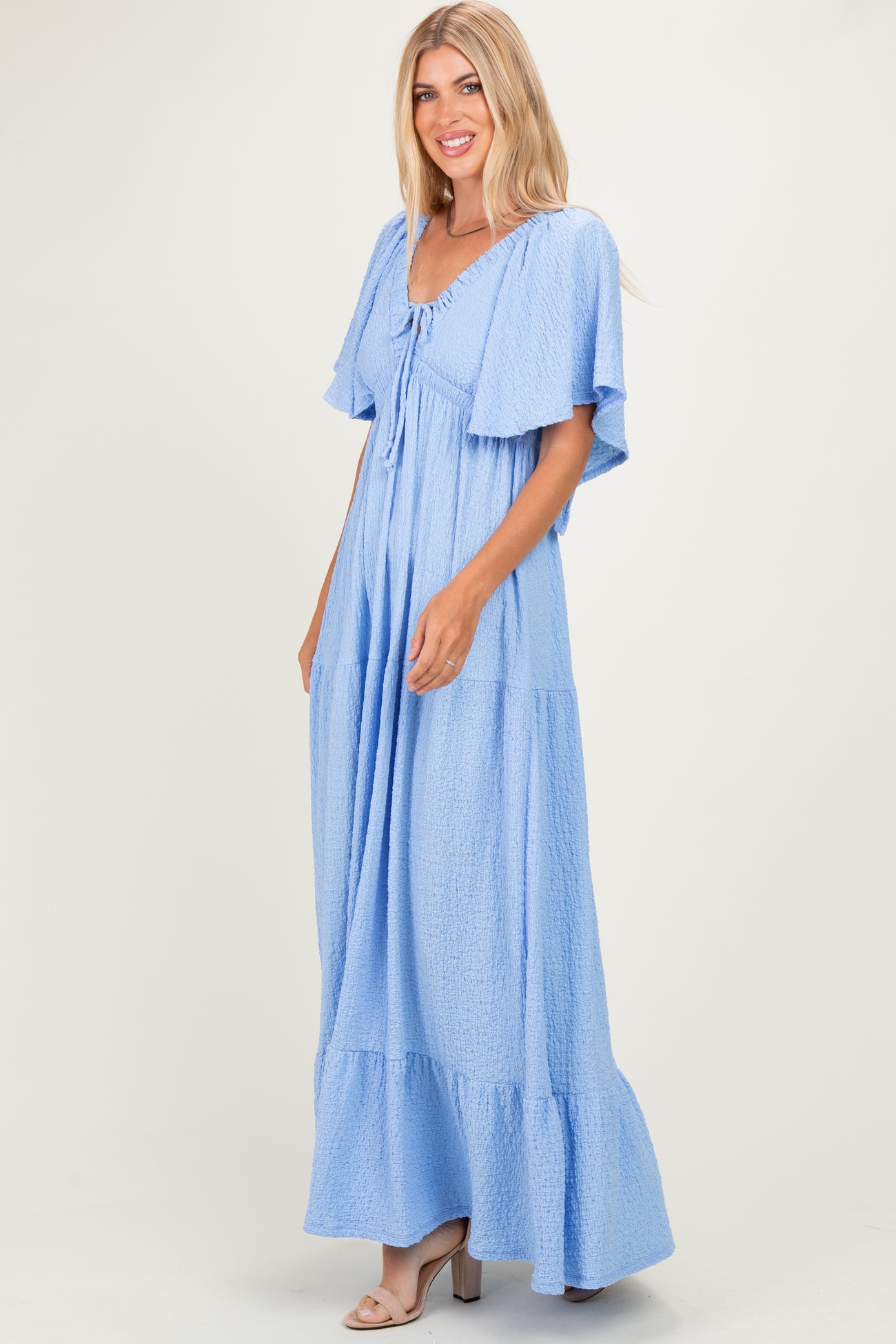Light Blue Woven Textured Flutter Sleeve V-Neck Tiered Maxi Dress