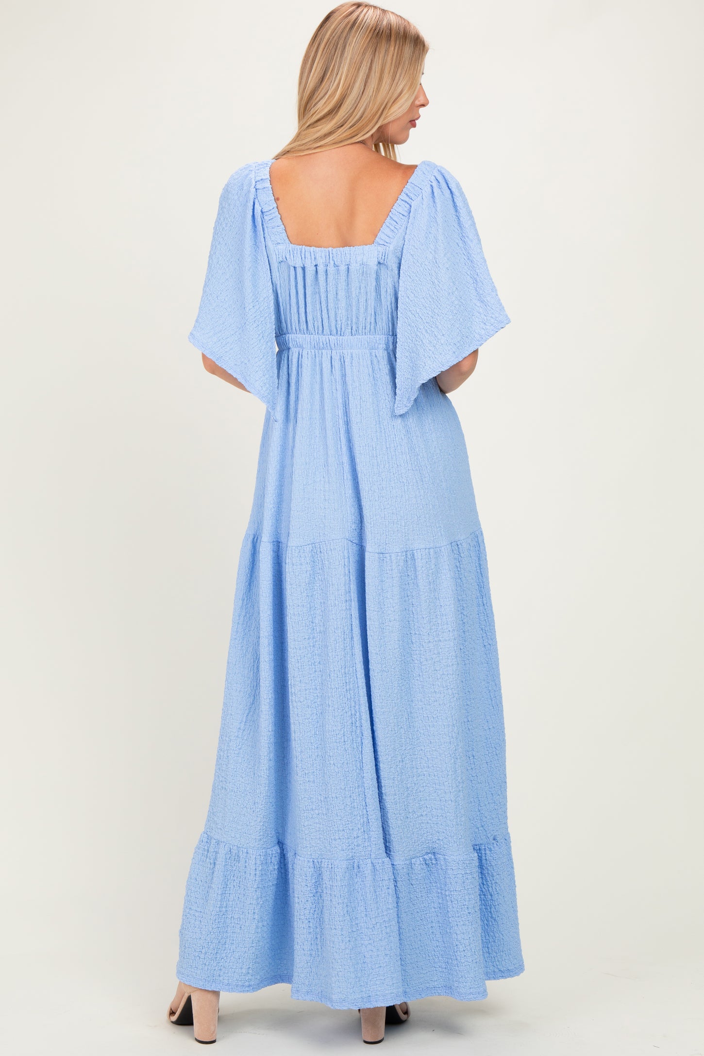 Light Blue Woven Textured Flutter Sleeve V-Neck Tiered Maxi Dress